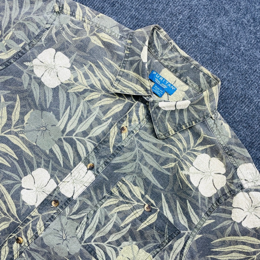 Puritan Mens Medium Camouflage Floral Hibiscus Cotton Button Down Shirt Hawaiian